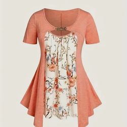 Women's Plus Size 3XL Floral Print Top with Keyhole Detail in Peach Color Short Sleeve Fashion Shirt