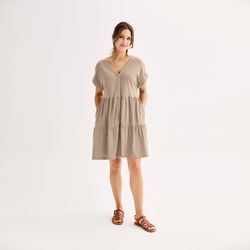 New Women's Sonoma Goods For Life® Short Sleeve Tiered Dress Beige Size XL