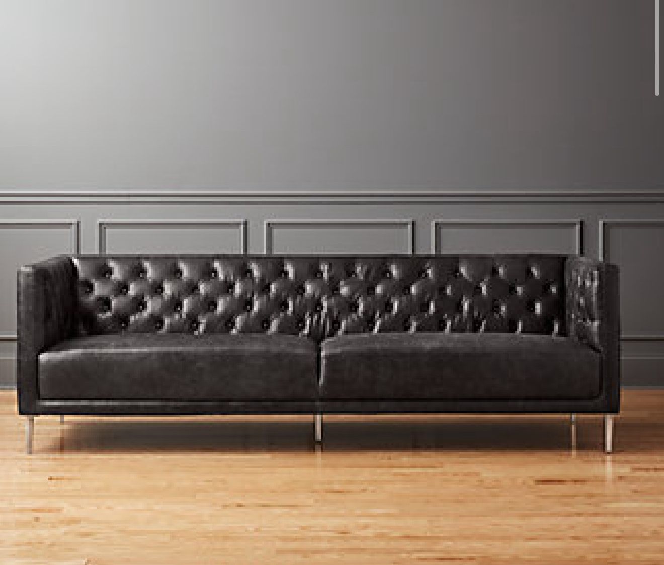 CB2 Savile leather tufted black couch