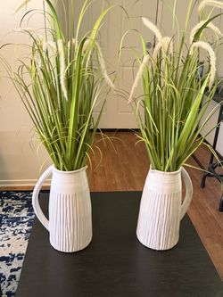White Ceramic Pitcher Vases with Faux Grass – Set of 2