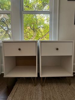 Pair of White Nightstands with Gold Hairpin Legs