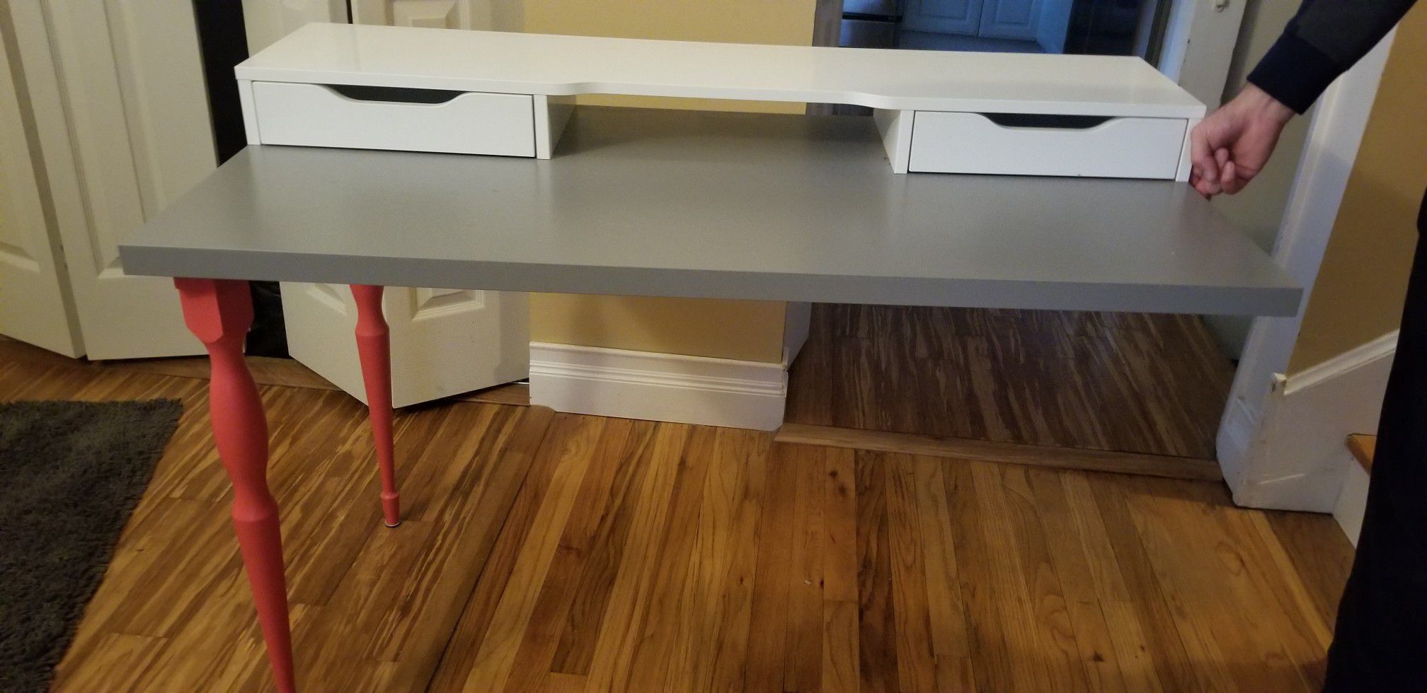 Ikea desk (2 legs, drey top, and white store top)