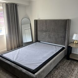 Queen Upholstered Bed Frame + Box Spring – Brand New