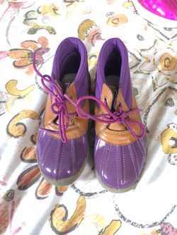 Lands End Purple and Tan low cut rain/ snow boots