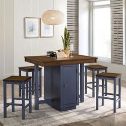 ANTIQUE OAK MUTE BLUE FINISH 5 PIECE COUNTER HEIGHT DINING TABLE STORAGE STOOL SET - MESA ALTA COMEDOR BANCOS