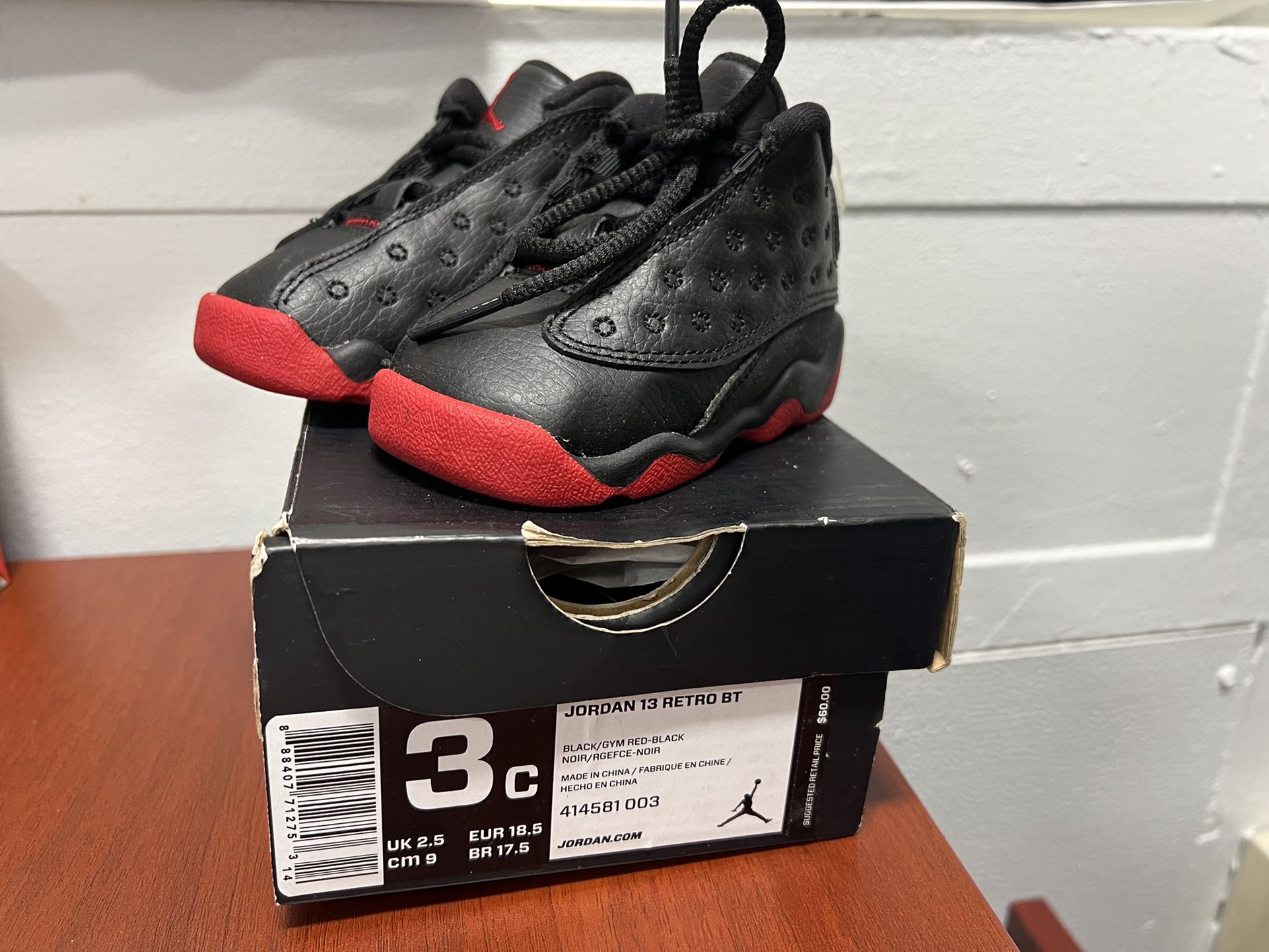JORDAN 13 RETRO BT 414581 003 BLACK/GYM RED BLACK TODDLER US SZ 3c