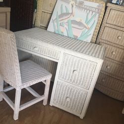 Wicker Computer  Desk, White With Chair