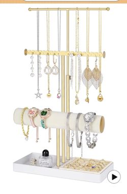 3-Tier Jewelry Stand Jewelry Organizer, Gold Necklace & Bracelet Organizer with Velvet Ring Tray, Sturdy Jewelry Holder for Earrings, Cute & Aesthetic