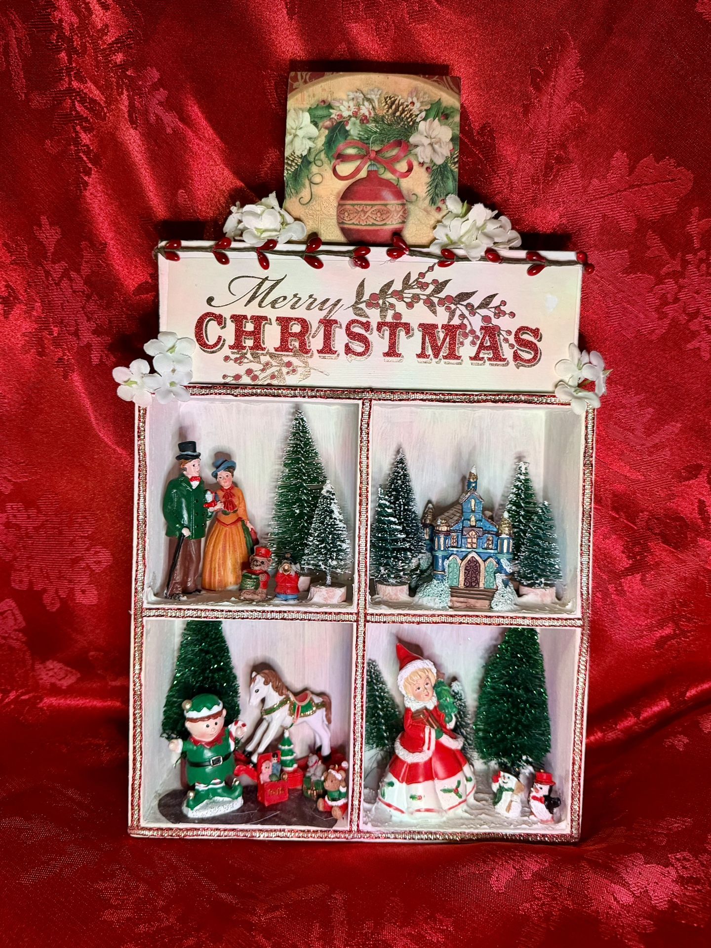 Handmade Merry Christmas Shadow Box – Vintage Holiday Village Display – 13.5” Farmhouse Wall Decor