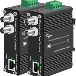 Industrial PoE+ DIN Rail EoC Extender, Ethernet Over Coax, 10/100Mbps to 300m (900m+ Daisy Chain),