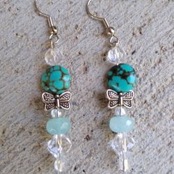Handmade Natural Turquoise -  Butterfly - Crystal Bead Earrings