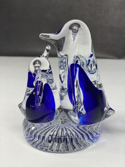 Cobalt Blue and Clear Glass Murano Penguin Mother & Baby. Hand Blown G