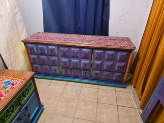 Eclectic Hand-Painted Queen Bedroom Set: Dresser, Mirror, 2 Nightstands, Headboard