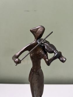 Vintage 1970s Metal Sculpture Girl Playing Stradivari Violin 10.5 Tall