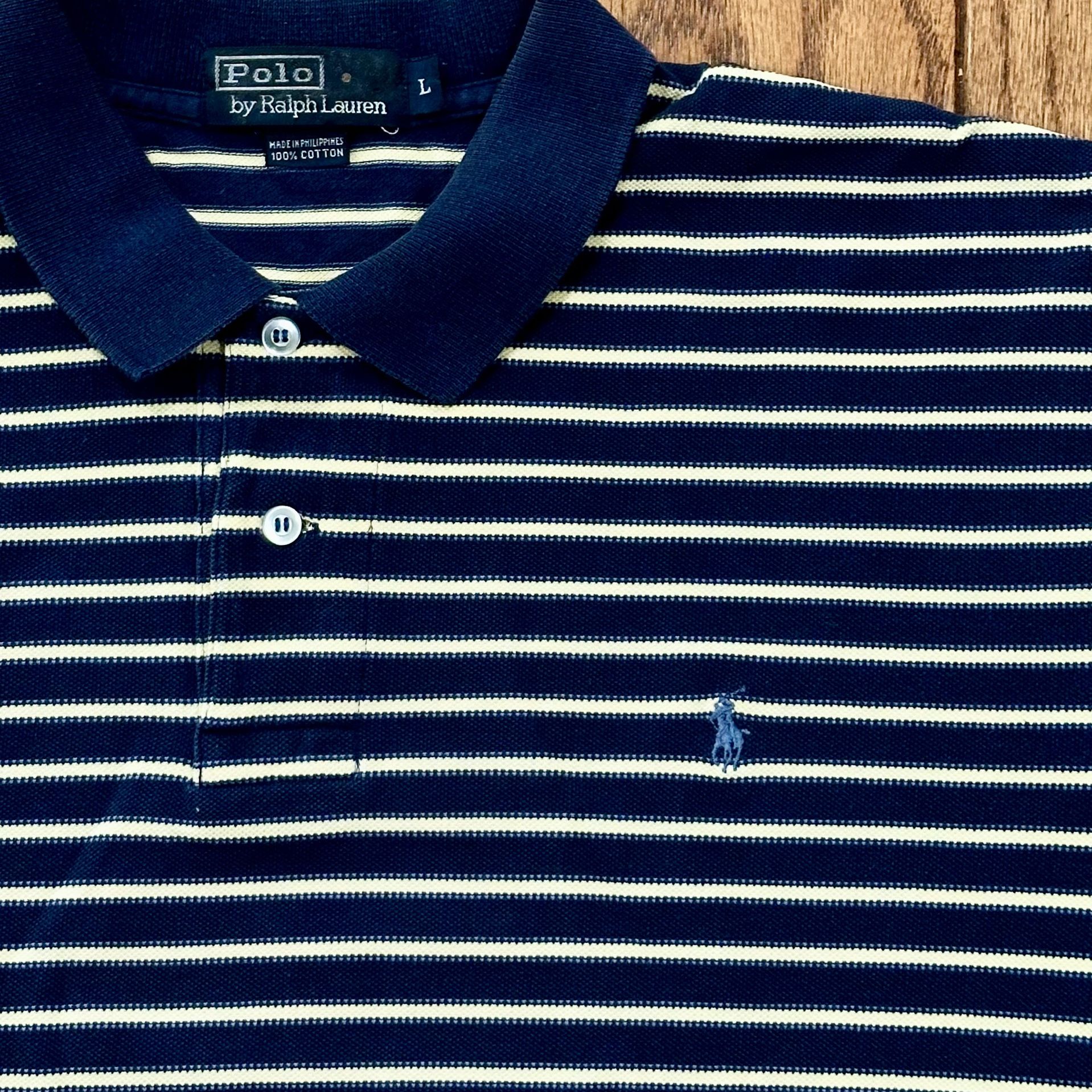 Men’s LARGE Ralph Lauren POLO Short Sleeve Collard Collar Button Dress Work Shirt L LRG - BLUE STRIPED