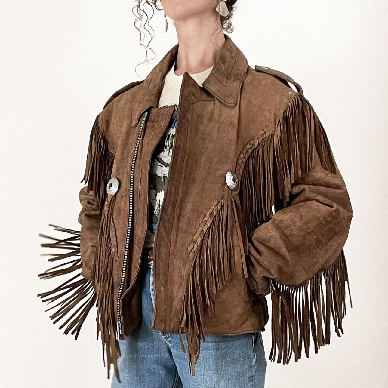 WILSONS OPEN ROAD Vintage 90s Brown Leather Western Biker Concho Fringe Jacket