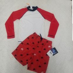 New with Tags boys size 7 red / white/ navy accents swim rash guard and swim trunks.