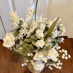 Capiz Shell Mosaic Vase with Luxury White Silk Floral Arrangement