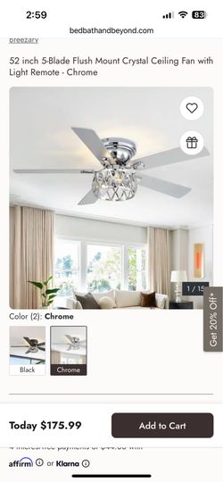 52 inch 5-Blade Flush Mount Crystal Ceiling Fan with Light Remote - Chrome