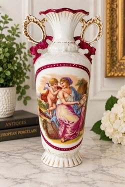 Antique Victoria Austria Porcelain Vase Cherub Lady 11.5" Ornate Handles Gilt