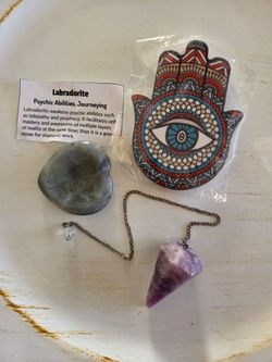 Labradorite Heart, Amethyst Pendulum & Hamsa Evil Eye Set