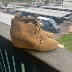 TOMS Tan Suede Lace-Up Wedge Booties