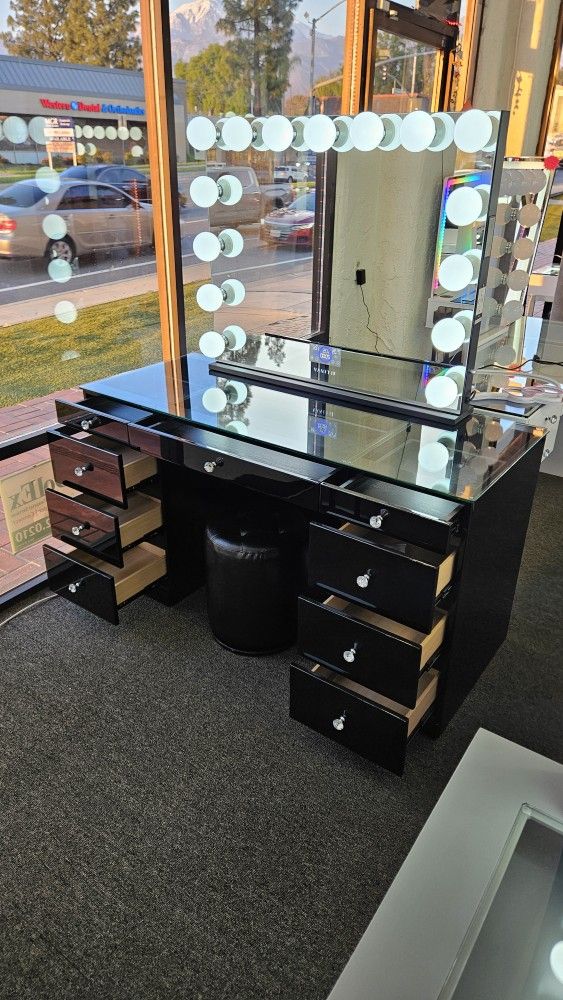 Black Vanity 9 Drawers W/ XL Mirror $899