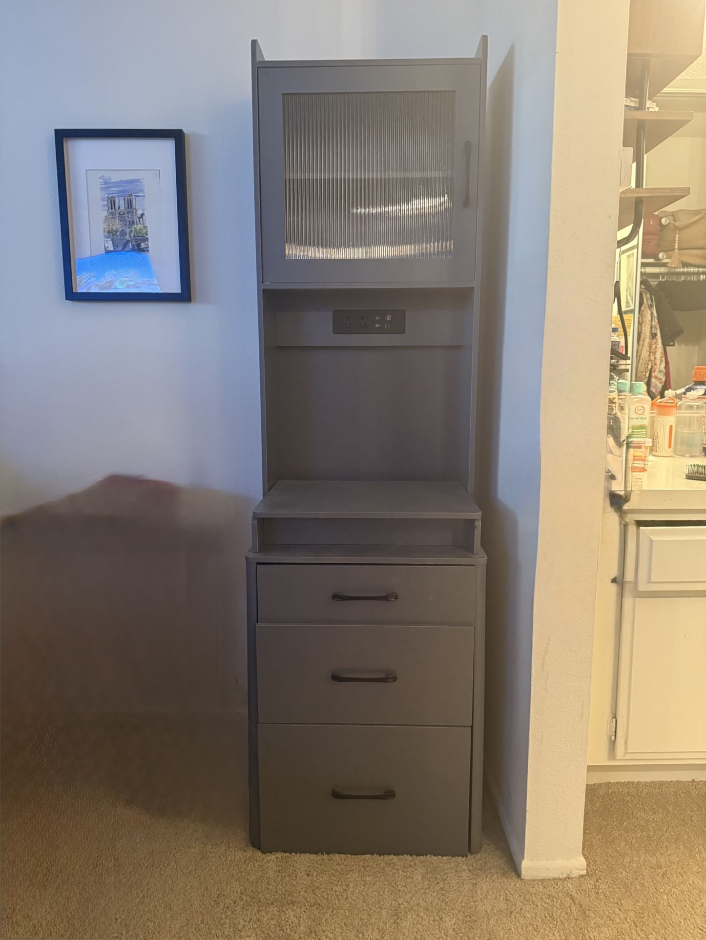 Modern Vanity Storage Tower with Motion Sensor Light, Charging Station, Jewelry Drawer & Fluted Glass-effect Door