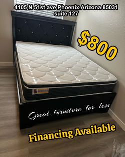 Queen size bed frame with pillow top mattress and Boxspring brand new