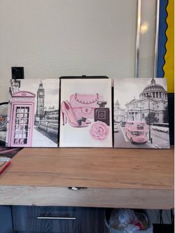 Set of 3 Pink London and Fashion Canvas Wall Artwork
