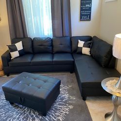 New Black Leather Sectional Sofa Couch With Storage Ottoman And Pillows 