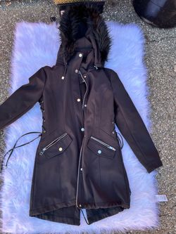 Guess black Parka Jacket with Faux Fur Hood