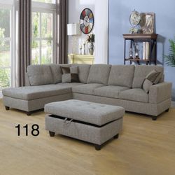 New Gray Sectional Couch Set With Ottoman