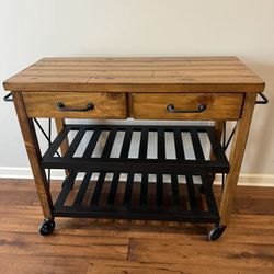 3 TIER KITCHEN OAK WOOD ISLAND WITH WHEELS AND DRAWERS