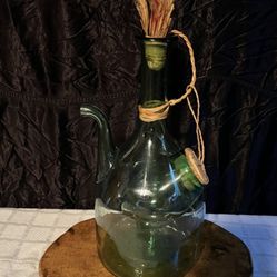 Vintage 1970’s Hand Blown Italian Green Glass, Wine, Decanter Jug, With Ice Chamber& Straw Stopper
