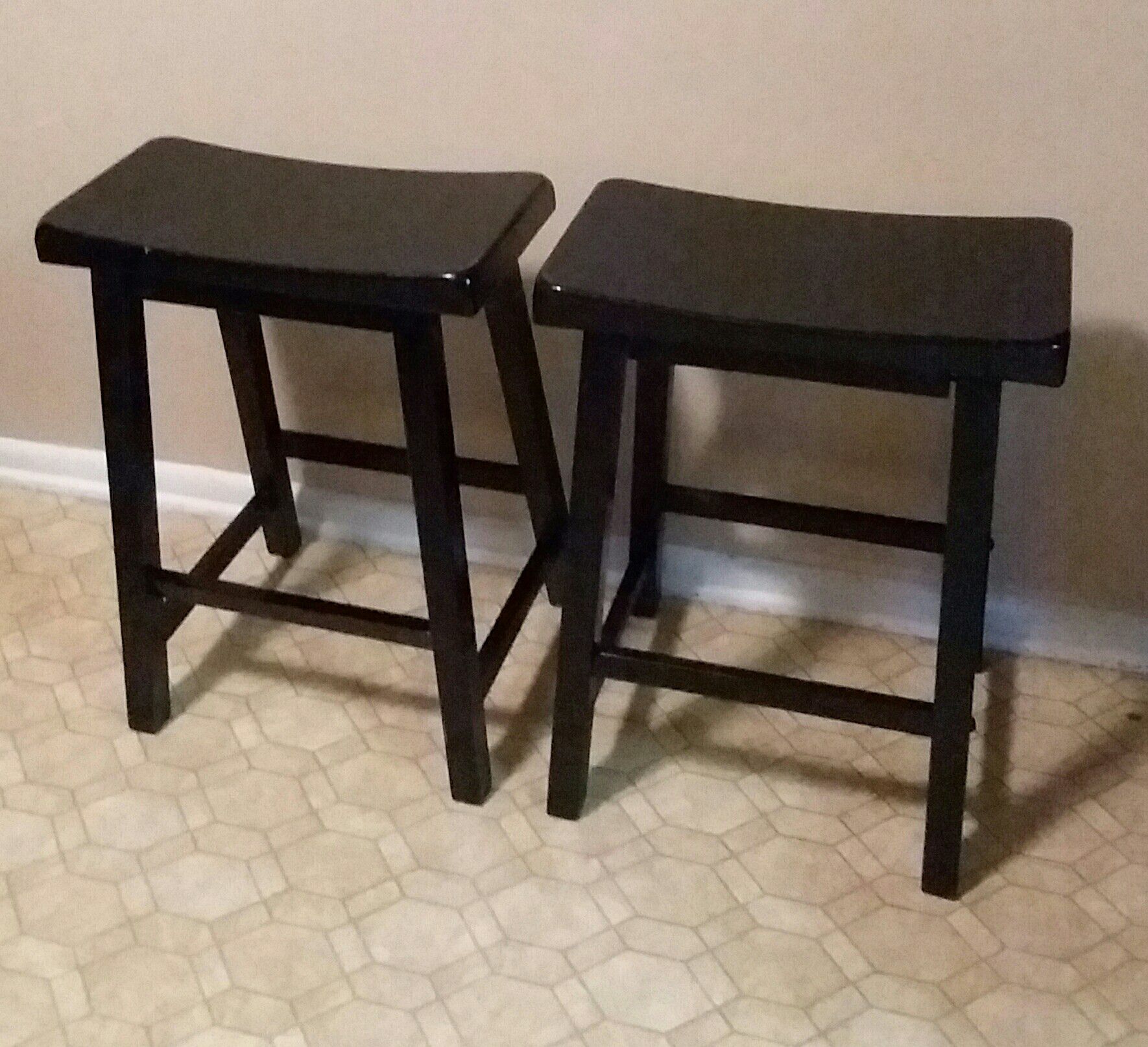 (Two) Ebony Black/Solid Wood Stools (Excellent Condition)