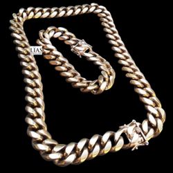 New 18k Yellow Gold Cuban Link Chain And Bracelet 18mm Thick 