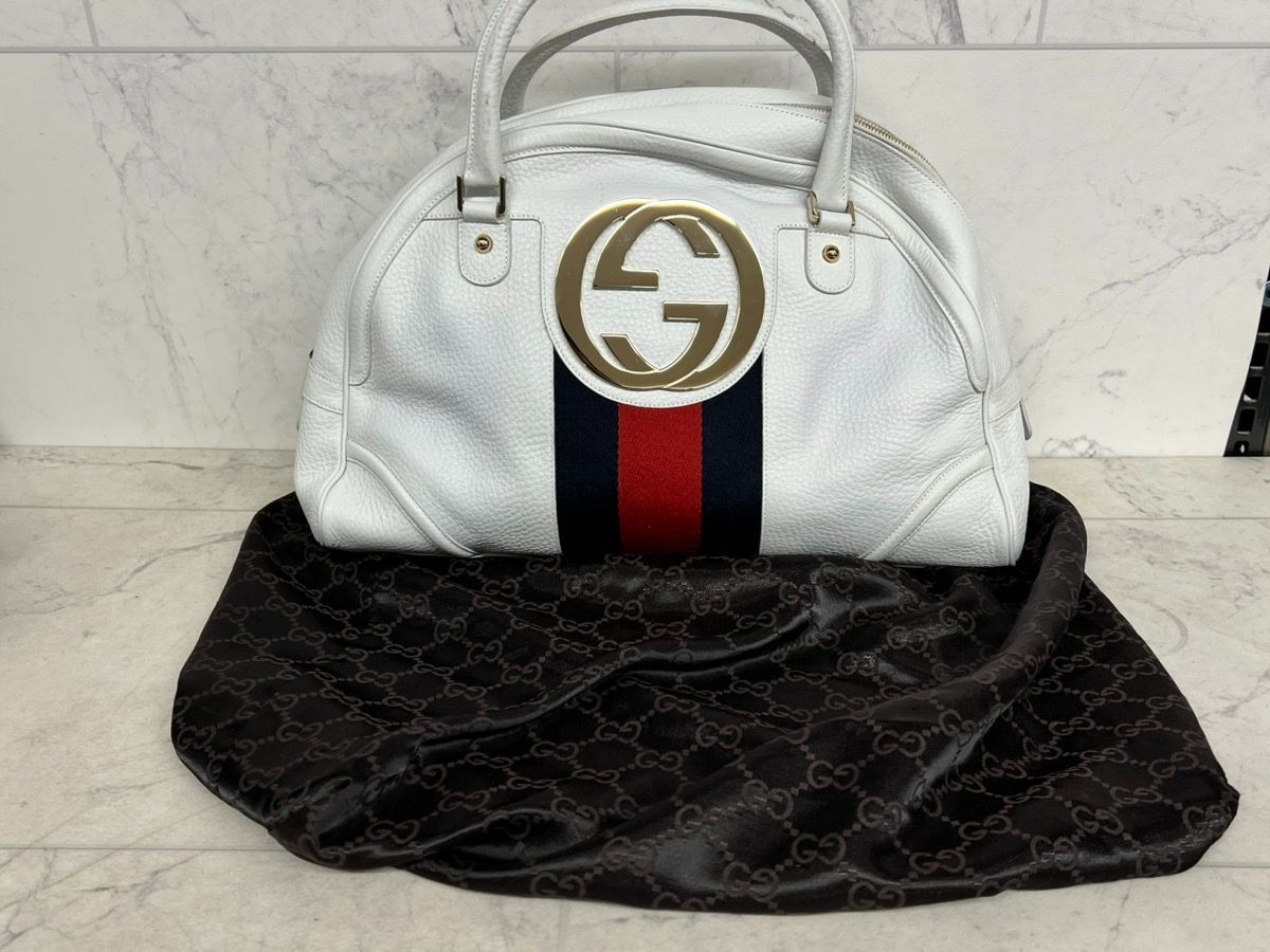 Gucci GG Web XL Blondie Leather Boston Handbag - Authentic (PO1019054) -Like New Condition