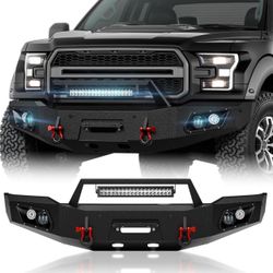 Front Bumper Compatible with 2018 2019 2020 Ford F150 (Excluding Raptor) Heavy Duty Pickup Truck Bumper with Winch Plate, Sensor Holes, 5 x LED Lights