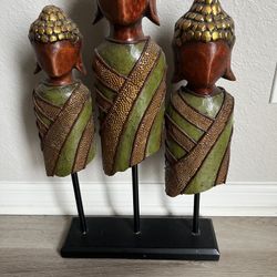 3-Piece Buddha Head Sculpture Set on Stand – Decorative Home Accent