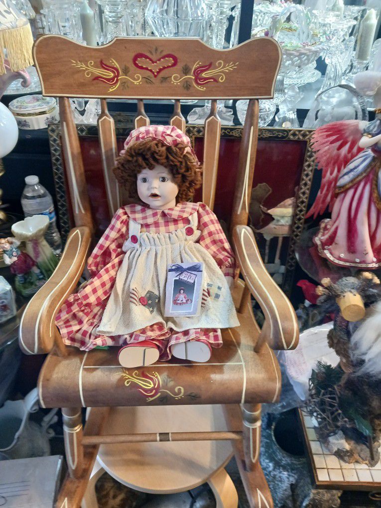  REALLY BEAUTIFUL  VINTAGE  ROCKING CHAIR AND  DOLL GREAT FOR  A GIFT 