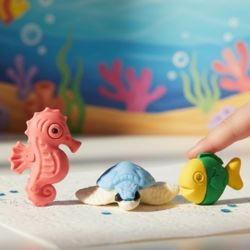 (Lot Of 3) 3D Puzzle 1" Miniature Multi-Color Eraser Seahorse/Turtle/Fish Figure. The image shows a set of sea life-themed puzzle erasers, which are c