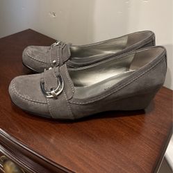 Unisa Grey Suede Wedge Loafer With Silver Buckle 