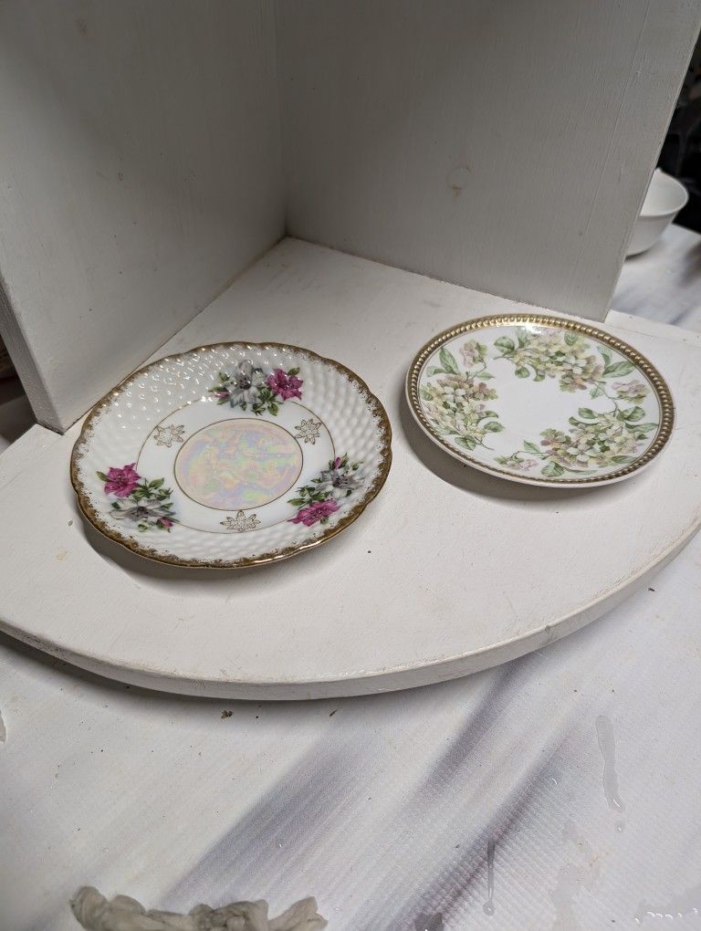 Vintage Opalescent Small Hobnail Saucer Pink Roses & Vintage Green Floral China Saucer