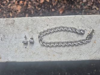 Silver Chain Bracelet " Diamond "Stud Earrings Set