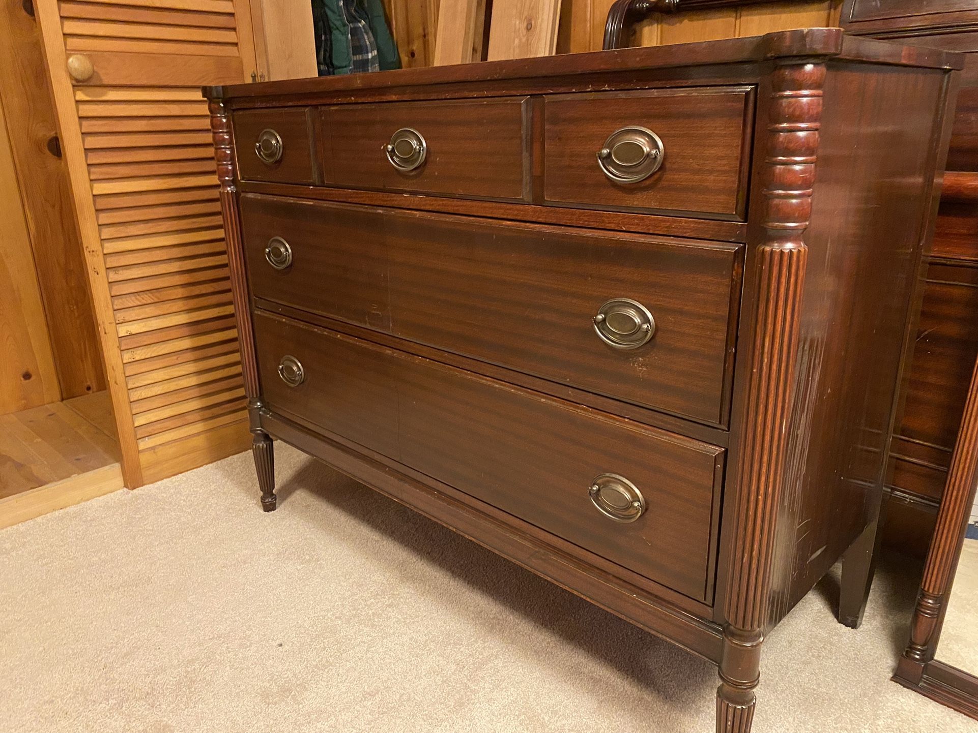 1940’s Walnut Bed, Drawers Chest, Vanity Mirror