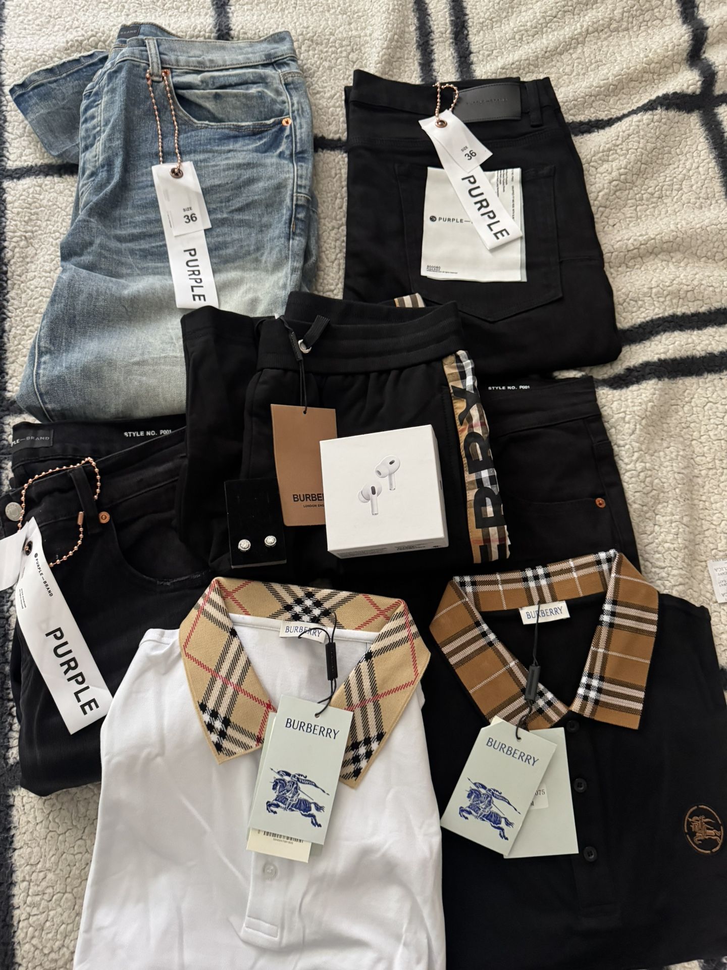 Burberry polos, Purple jeans, burberry shorts, airpods, earrings