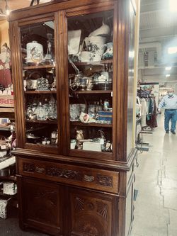 Large Solid Wood Antique and Glass Fronted Display Hutch Cabinet