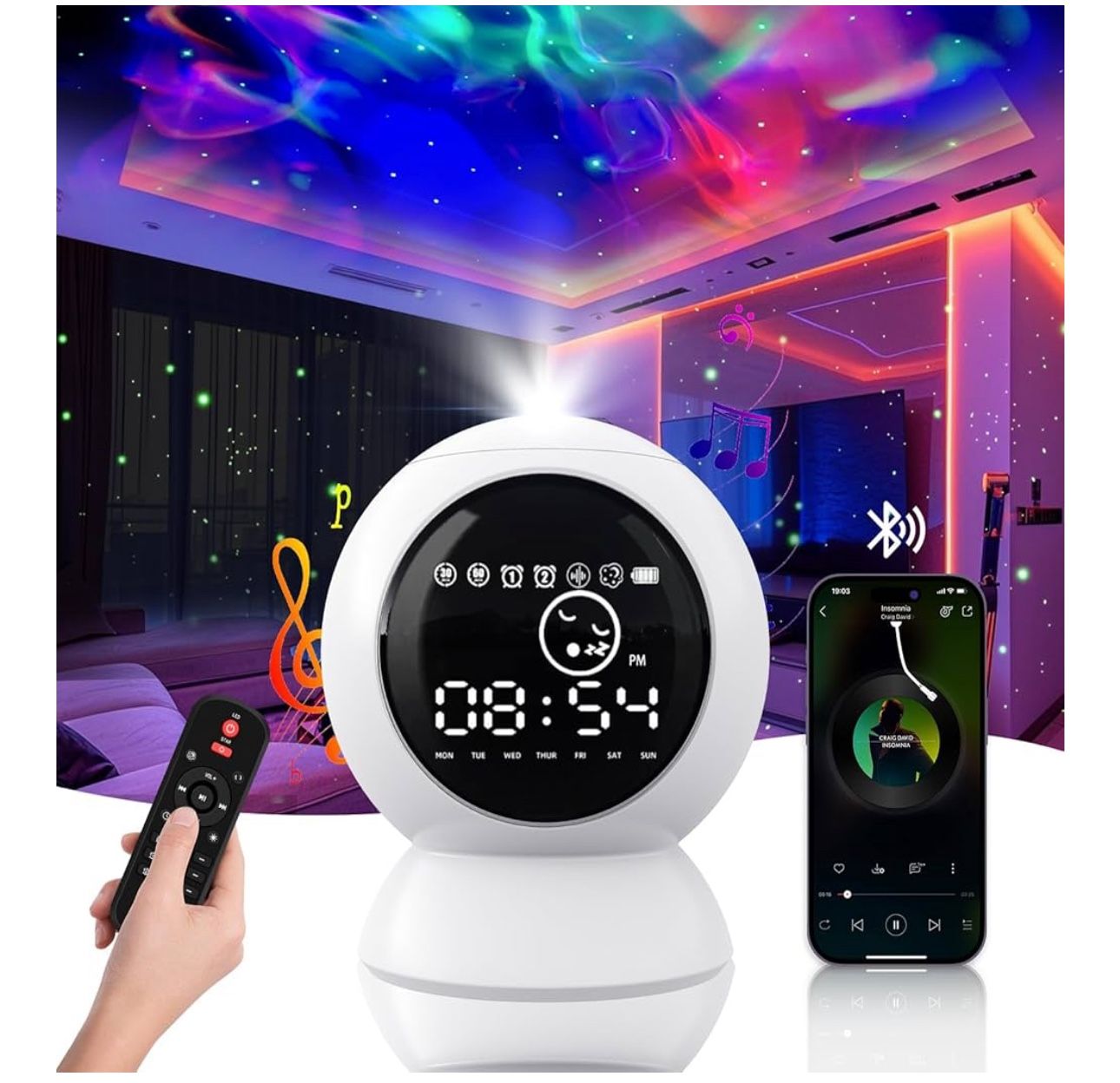 LED Alarm Clock Star Projector,Starry Moon Lamp with BT Speaker, White Noise,Timer and Remote Control Rechargeable Galaxy Night Light for Kids Bedroom