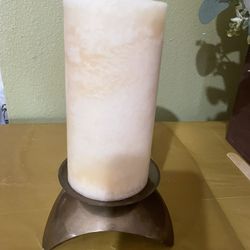 6” Cream  Color Pillar Candle In A Made In  India Brass Holder
